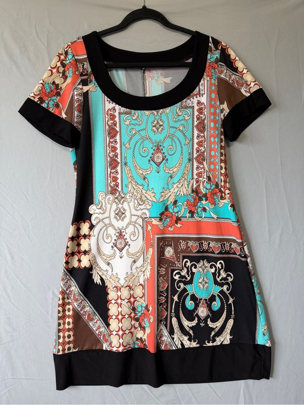 Tiana B Womens Geometric Shift Dress Size M Mini Short Sleeve Stretch Artsy